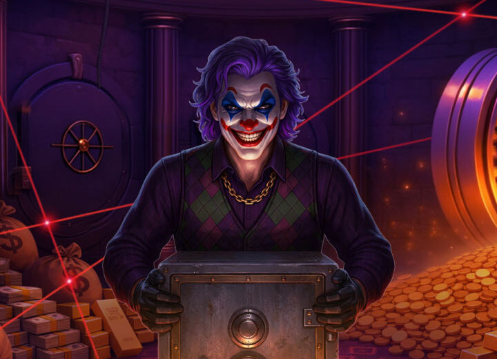 Joker-like villain gripping a steel safe in a vault, with stacks of gold and red laser lines behind him.