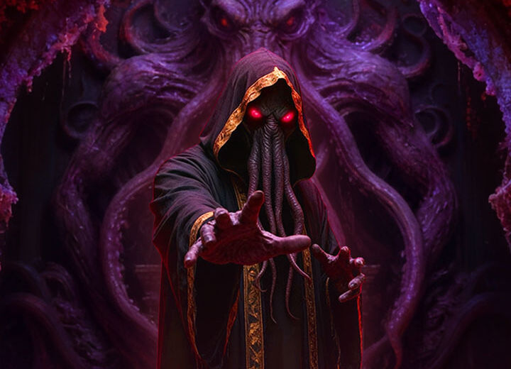 Dark hooded sorcerer with a tentacled face and glowing red eyes reaches toward the viewer in a menacing pose.