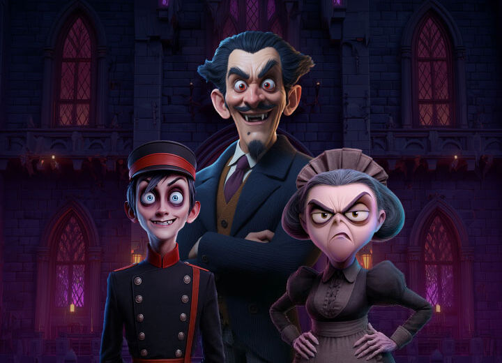 Three cartoon villains stand in a dark gothic castle backdrop, with a tall, smirking vampire in the center flanked by two stern characters on either side.