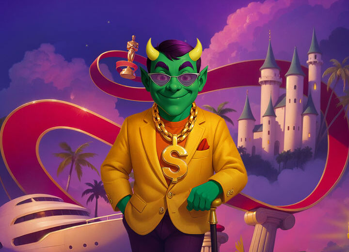 Green demon in a yellow blazer with a gold dollar-sign necklace, posing with a cane in a fantasy landscape with a castle and red ribbons behind him.