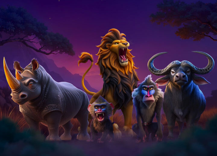 Five animated wildlife characters—a rhino, a roaring lion, two blue-faced monkeys (one small, one larger), and a horned buffalo—stand together on a purple sunset savanna backdrop.