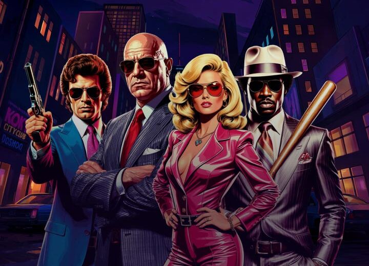 Four stylish crime-fighters in retro suits and sunglasses posing in a neon-lit city at night.