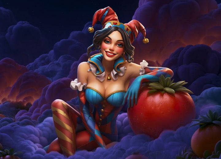 Fantasy illustration of a smiling woman in a blue-red jester outfit posing with a large tomato in a cloudy night sky.