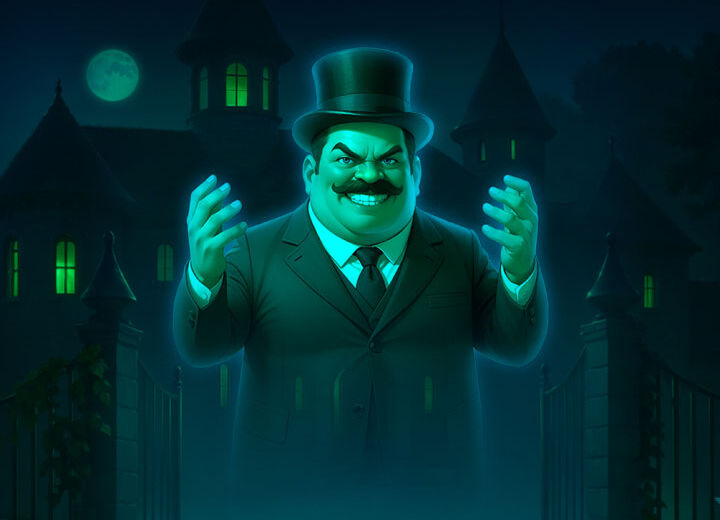 Cartoon villain in a top hat and suit raises hands in a foggy, moonlit, spooky night scene with haunted houses in the background.