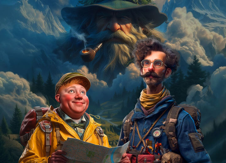 Two hikers study a map in a forested valley, while a giant bearded man with a pipe looms in the smoky, cloud-filled sky behind them.
