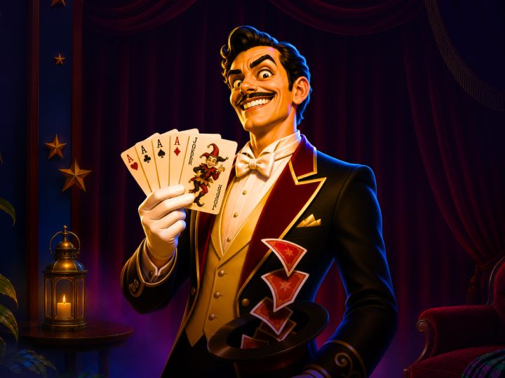 Magician in a tuxedo fanning playing cards on stage with a sly grin and top hat in hand.
