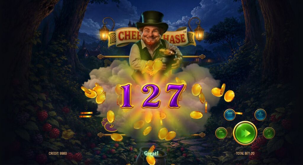 Leprechaun hosting a treasure-filled slot game with glowing 127 and flying coins on a night forest backdrop