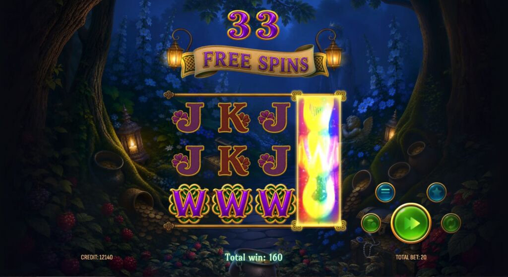 Slot machine screen in a fantasy forest offering 33 free spins, with J, K, and W symbols and a rainbow-themed reel to the right; bottom shows Total win: 160 and Total bet: 20.