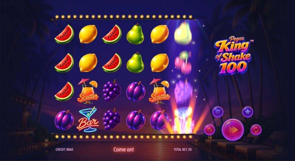 Neon-themed slot game screen with fruit symbols (watermelon, lemon, pear, grapes) and Scatter icons on a purple night background