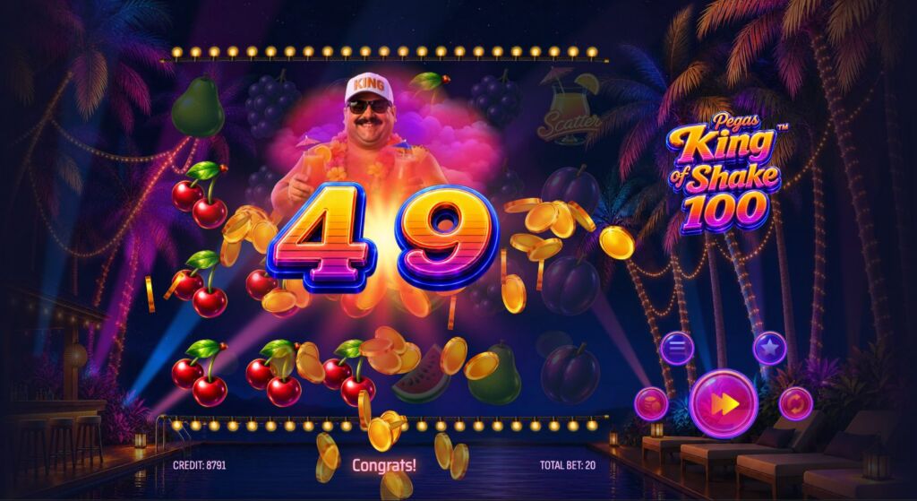 Bright carnival-style slot game screen celebrating a win with a large glowing '49', coins, fruit icons, and a tropical backdrop; 'Congrats!' at the bottom.
