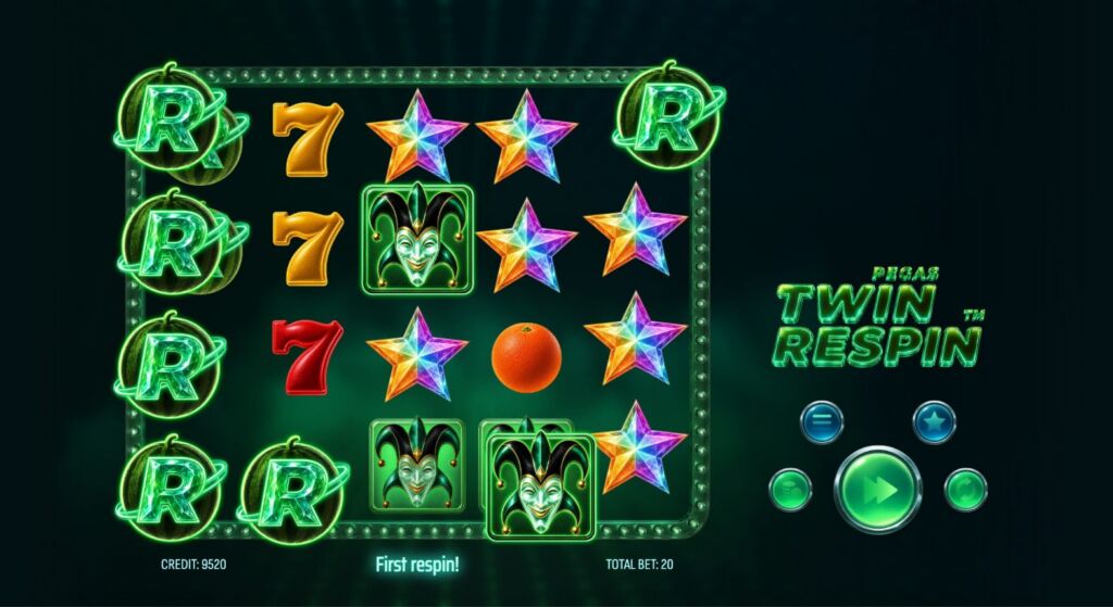 Neon slot machine screen with glowing symbols: Rs, 7s, colorful stars, a joker mask, and a control panel on the right.