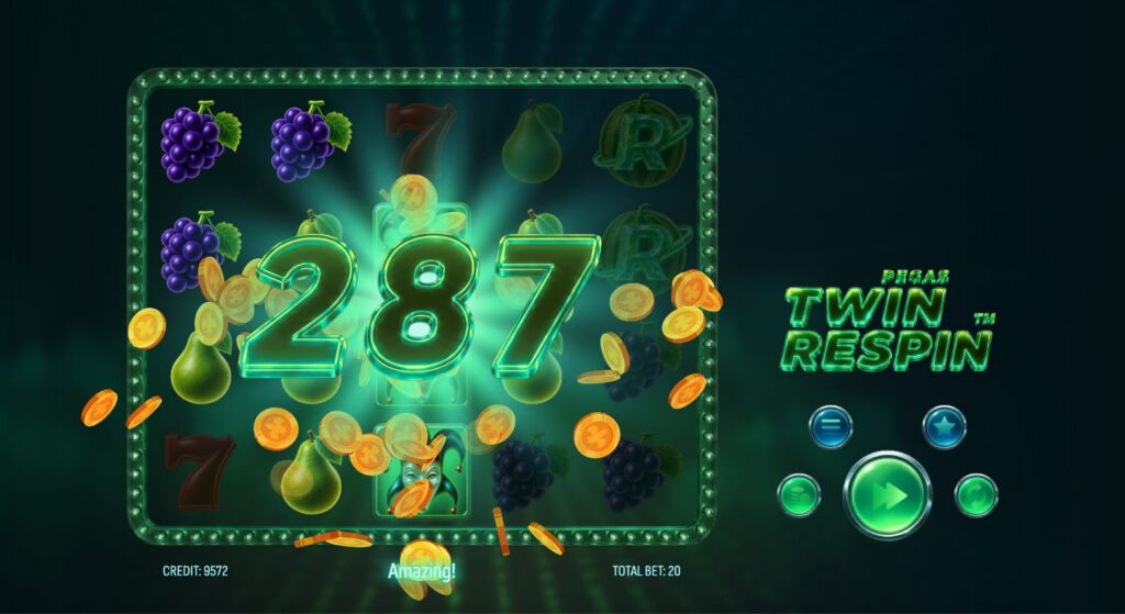 Neon slot machine scene showing a bright 287 jackpot with fruit symbols and coins overflowing from the reel. 'Twin Respin' text appears on the right.