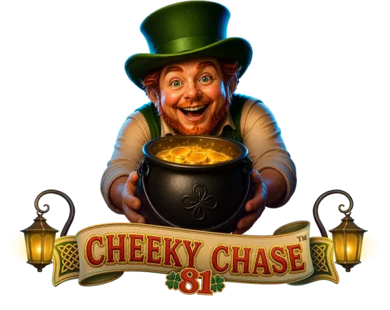 Cartoon leprechaun in a green hat presents a pot of gold, with a festive banner reading 'Cheeky Chase 81' below.