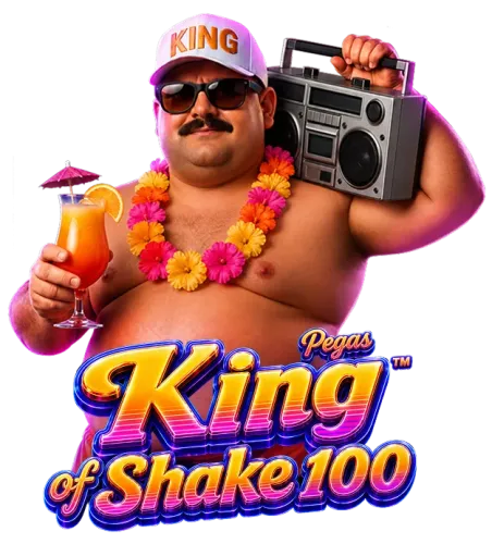 Portly man wearing a 'KING' cap, sunglasses, and a flower lei, holding a boombox on his shoulder and a tropical drink; features the 'King of Shake 100' logo.