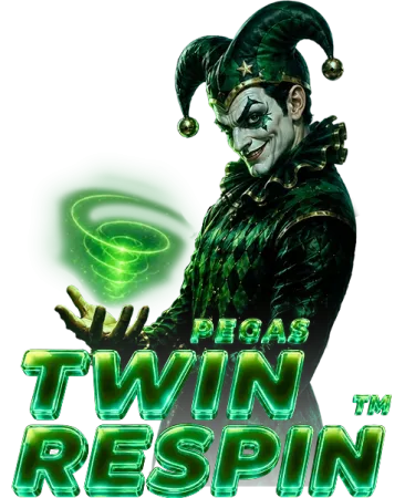 Promo image for a game: green-clad joker conjuring a neon-green swirl; large neon text reads 'PEGAS TWIN RESPIN'.